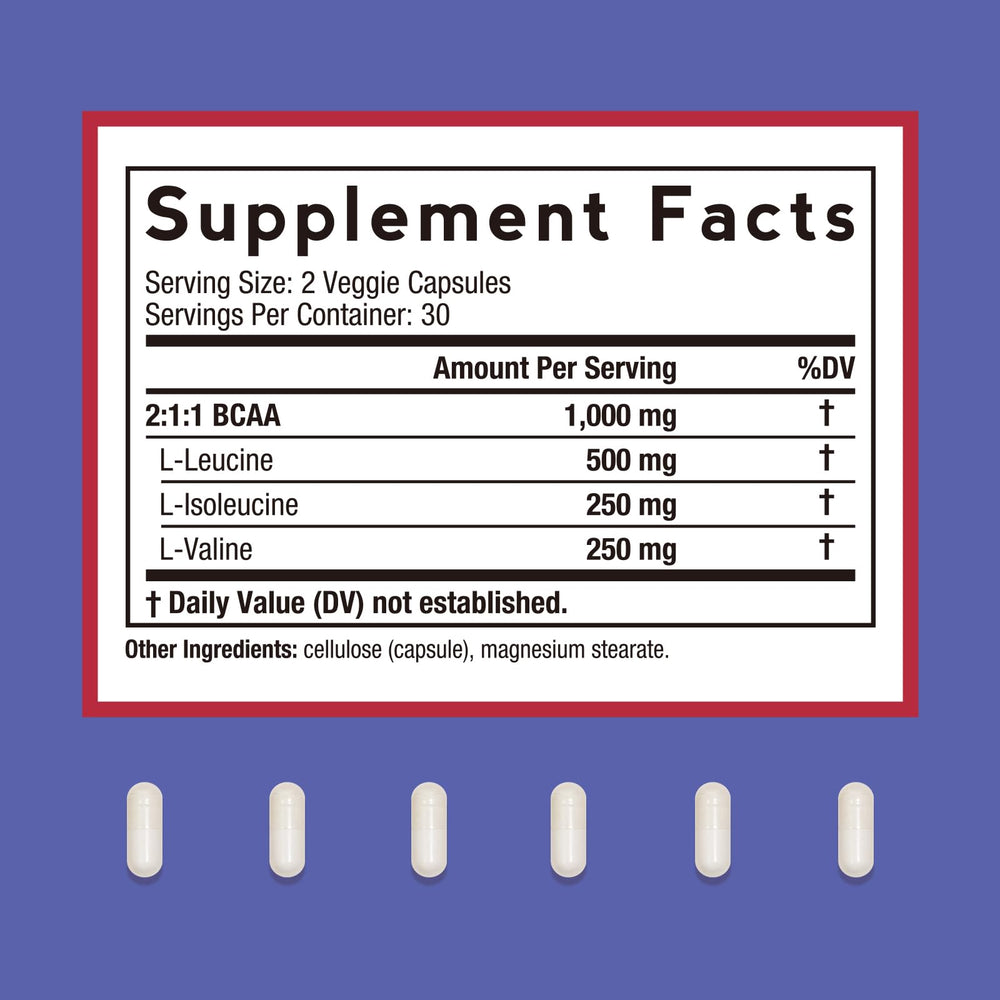 Doctor's Recipes BCAA capsules closeup highlights easy-to-swallow vegan capsules for on-the-go fueling.