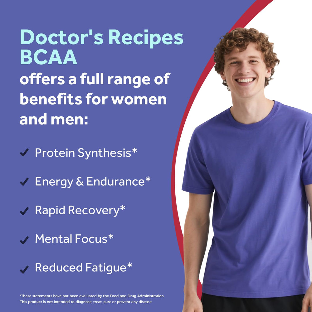 Doctor's Recipes BCAA GMP-certified facility badge signals quality and safety across the production process.