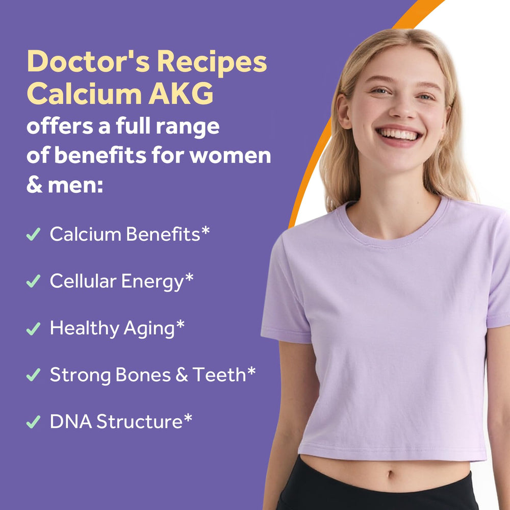Doctor's Recipes Calcium AKG label shows vegan and non-GMO quality.