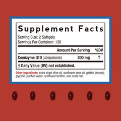 Doctor's Recipes CoQ10 softgels closeup shows two-per-serving convenience.