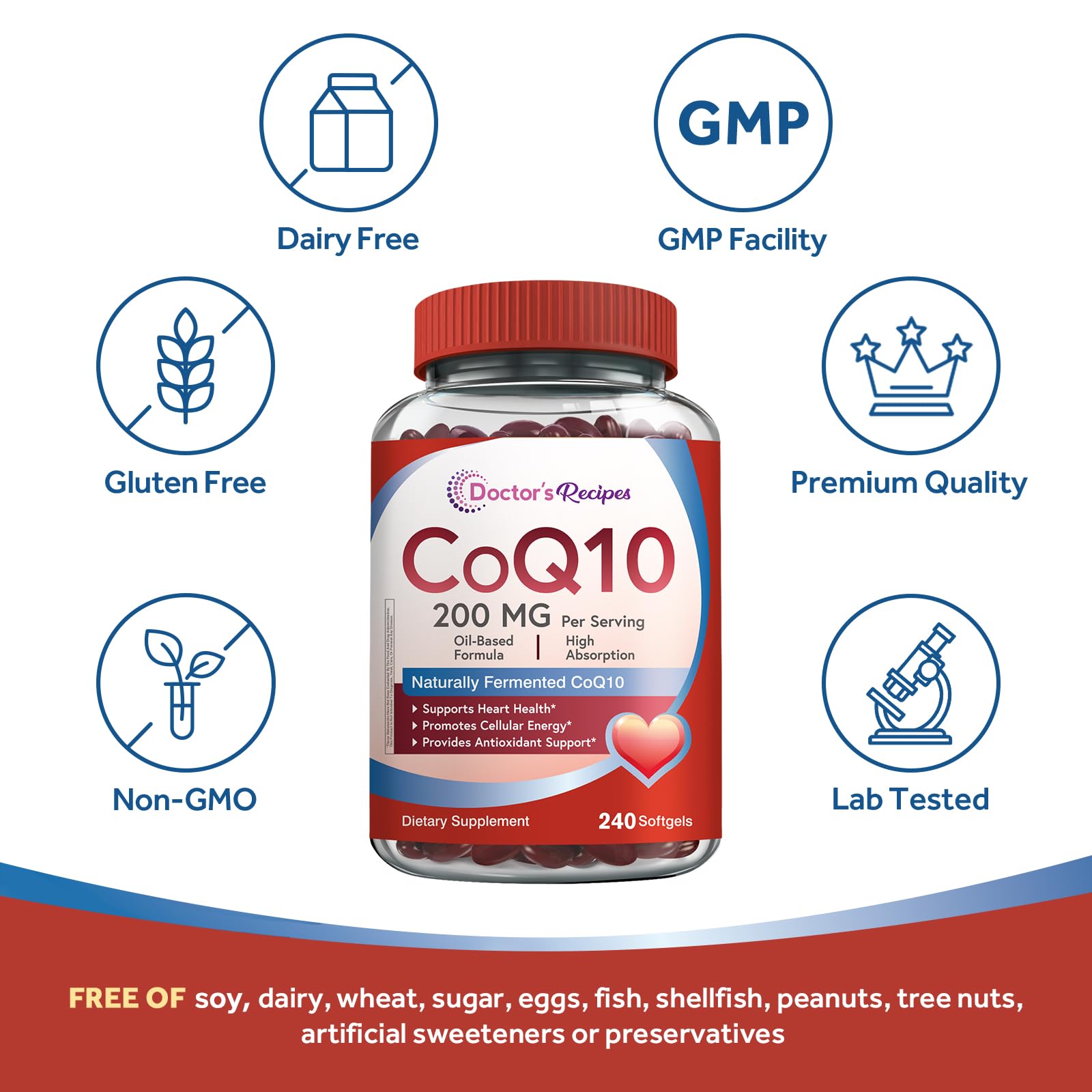 Two softgels serving from Doctor's Recipes CoQ10 pack for easy daily use.
