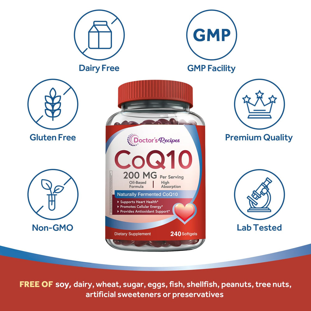 Two softgels serving from Doctor's Recipes CoQ10 pack for easy daily use.