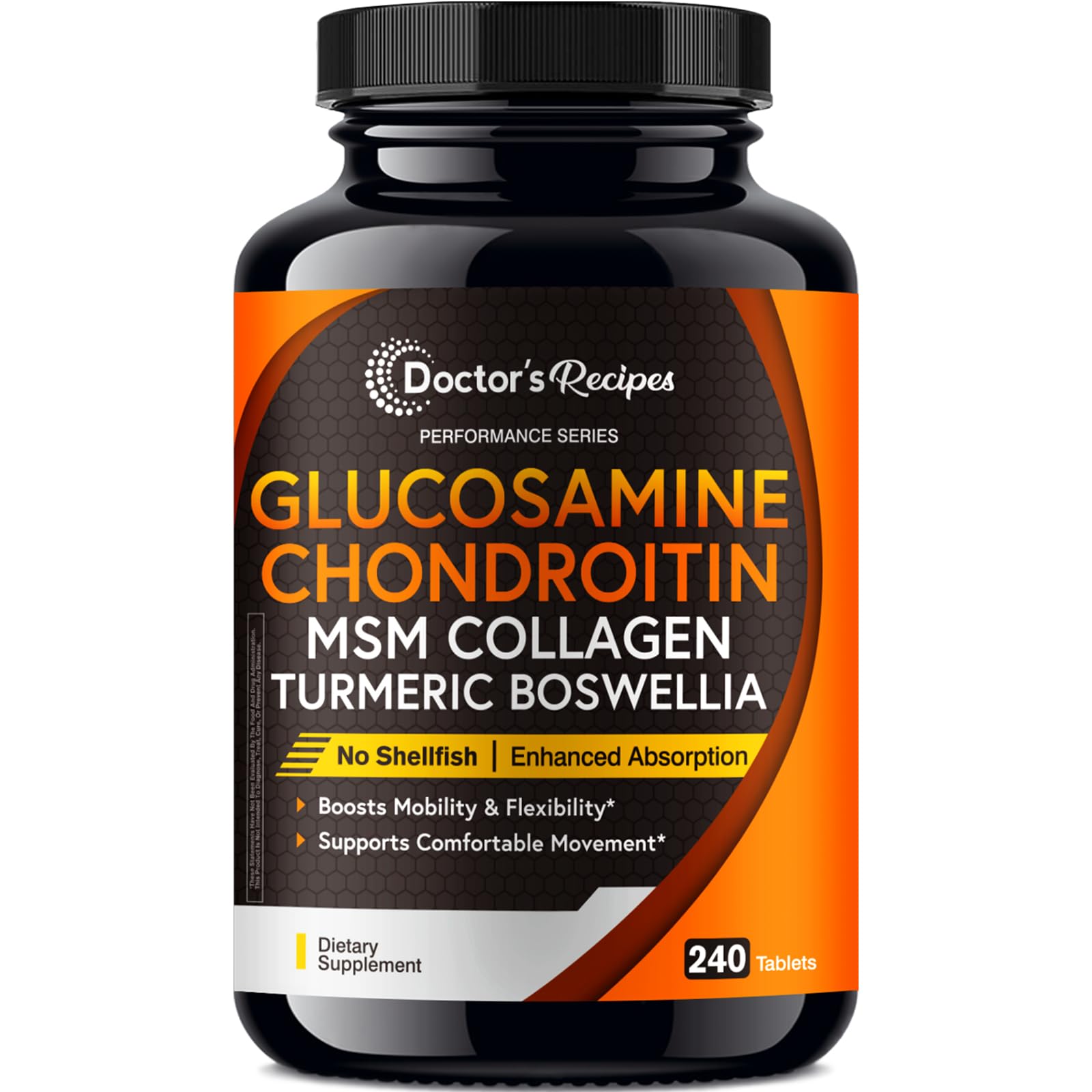 Doctor's Recipes glucosamine chondroitin msm turmeric quercetin bottle promotes daily mobility and comfort.