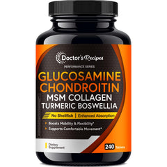 Doctor's Recipes glucosamine chondroitin msm turmeric quercetin bottle promotes daily mobility and comfort.