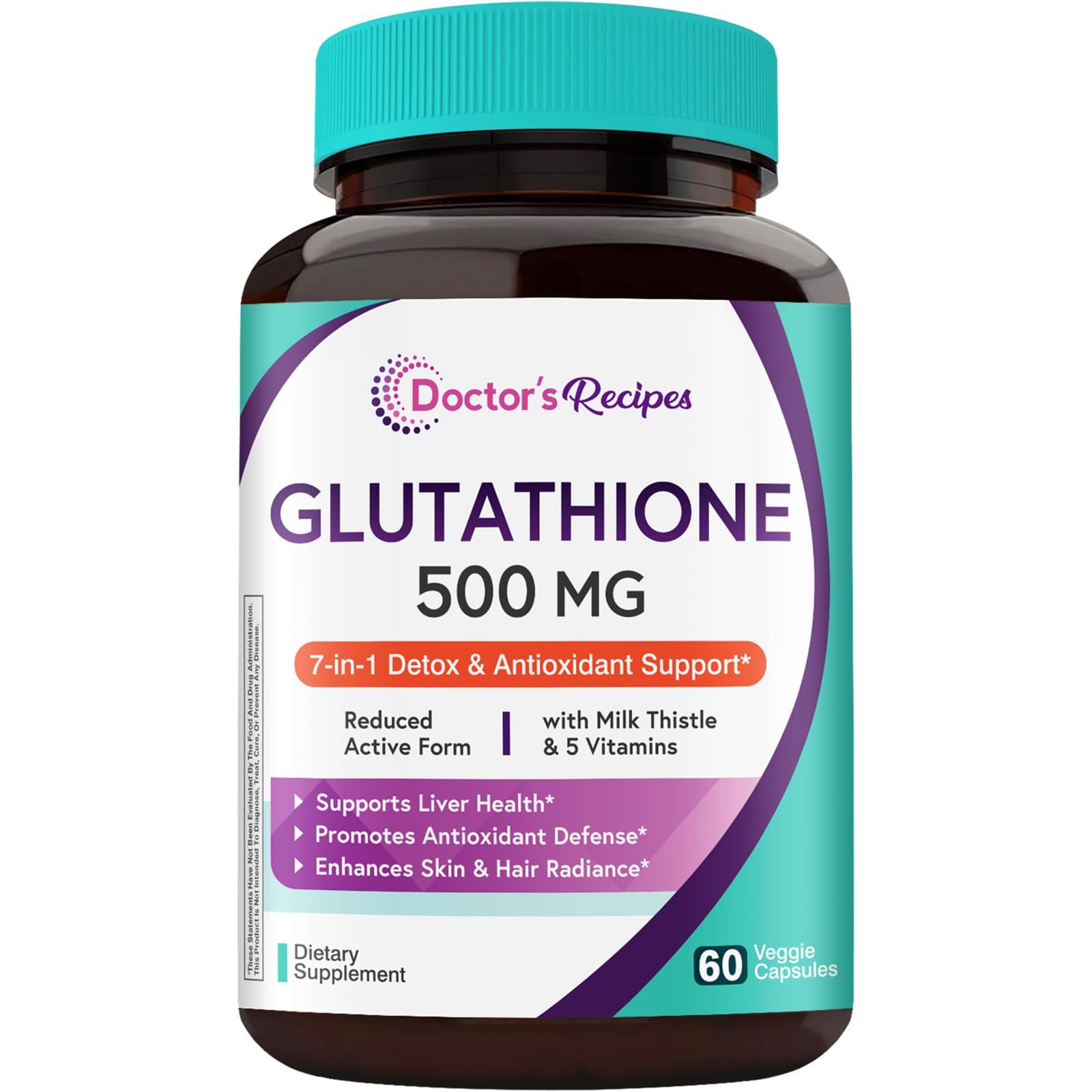 Doctor's Recipes Glutathione 500 mg bottle with capsules for daily support.