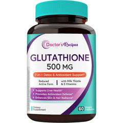Doctor's Recipes Glutathione 500 mg bottle with capsules for daily support.