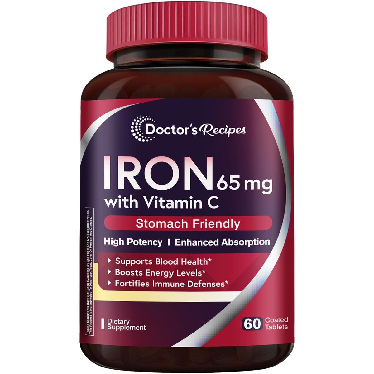 Doctor's Recipes iron supplement bottle front highlights vitamin C for absorption.