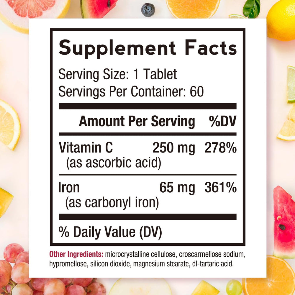 Close-up of Doctor's Recipes 65 mg iron tablets showing easy-to-swallow design.