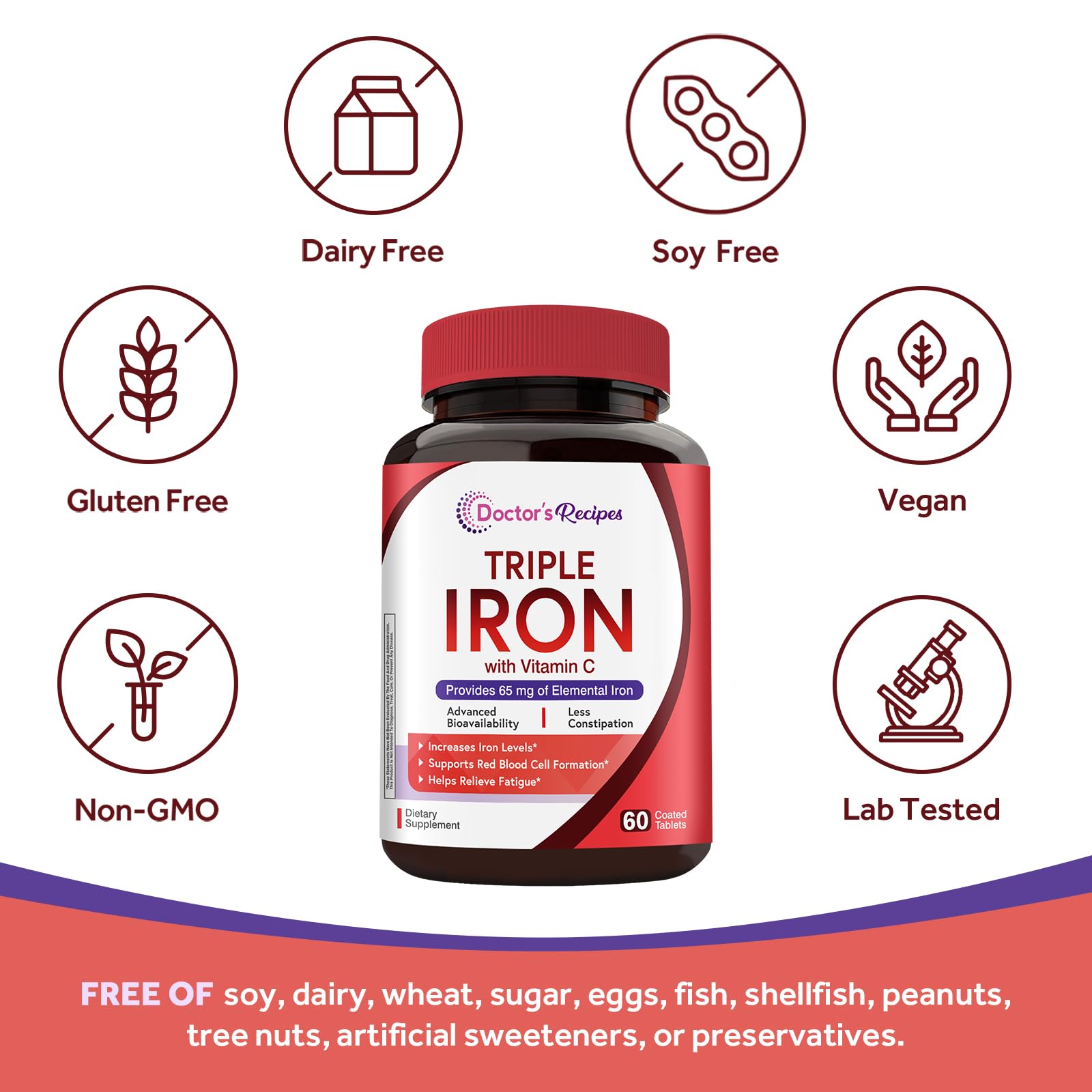 Doctor's Recipes Iron made-in-usa sticker on packaging portrays quality manufacturing.