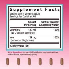Doctor's Recipes iron capsules close-up emphasizes vegan formula and high absorption.