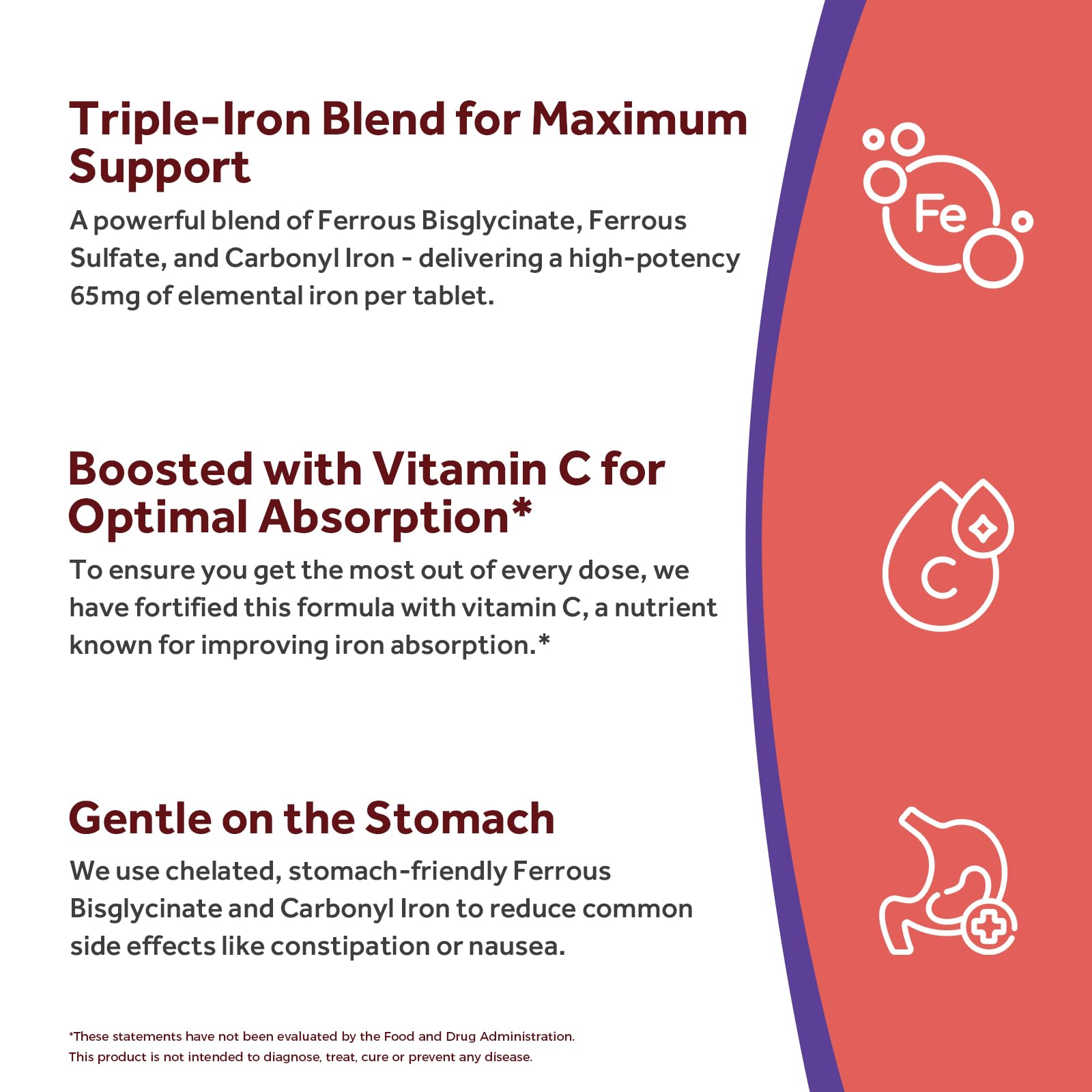 Doctor's Recipes Iron vitamin C tablet demonstrates absorption-enhancing ingredient.