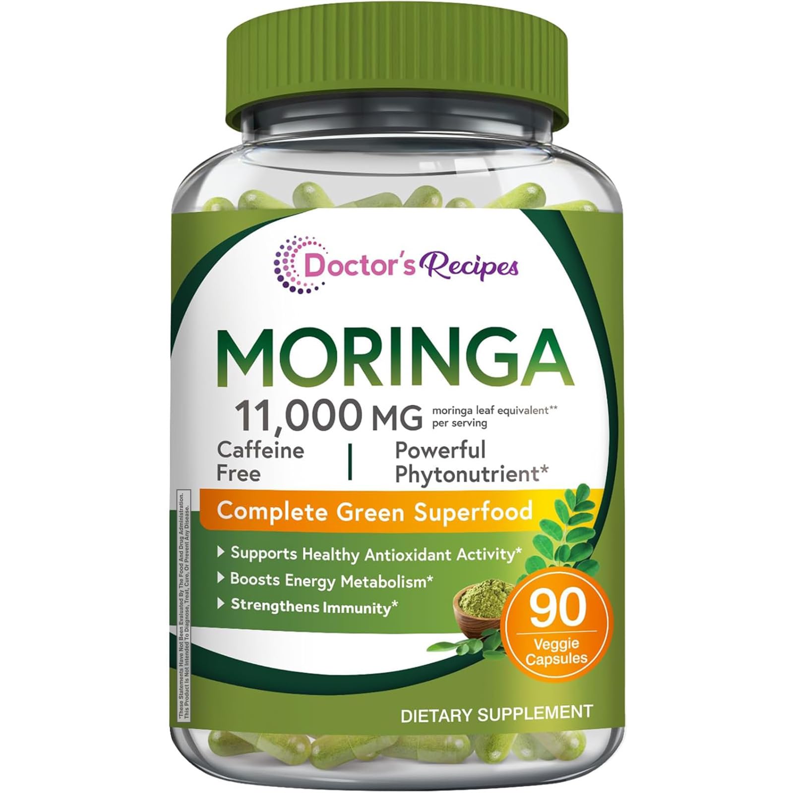 Doctor's Recipes Moringa bottle shows high-strength greens for daily vitality support