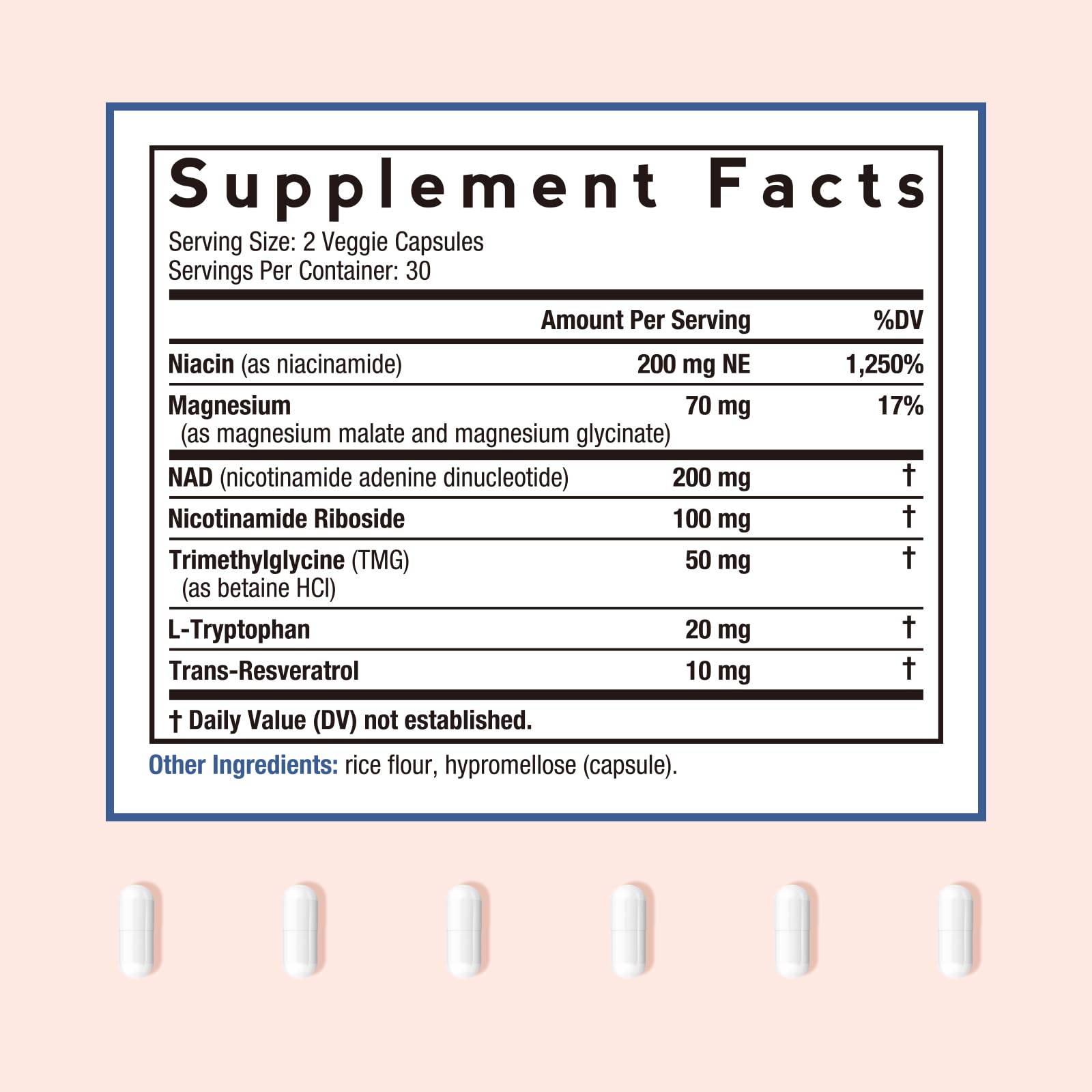 Doctor's Recipes NAD capsules closeup showing vegan capsules for energy support.