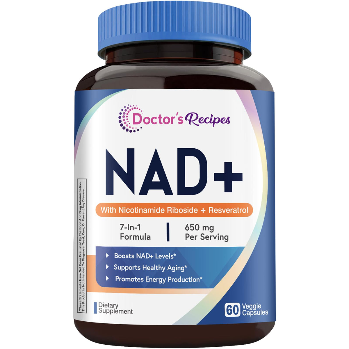 Doctor's Recipes NAD supplement bottle highlighting the 7-in-1 formula.