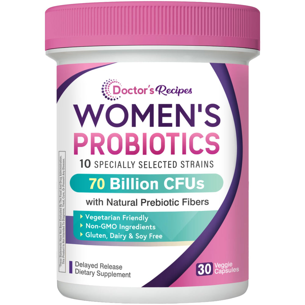 Doctor's Recipes Probiotics for Women bottle with capsules for daily gut support.