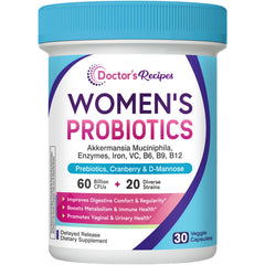 Doctor's Recipes Probiotics bottle promotes daily gut and vaginal balance for overall comfort.