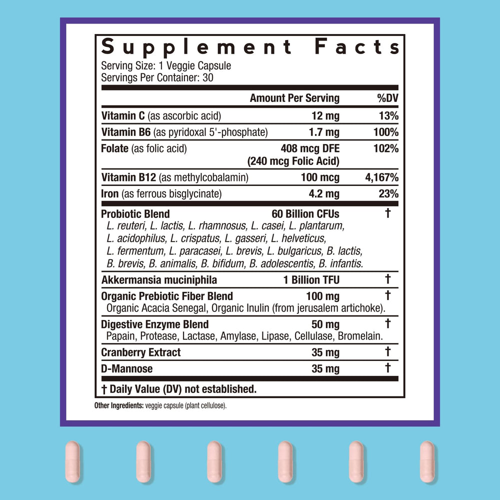 Doctor's Recipes Probiotics capsules close-up highlights easy-to-swallow capsules for ongoing daily use.