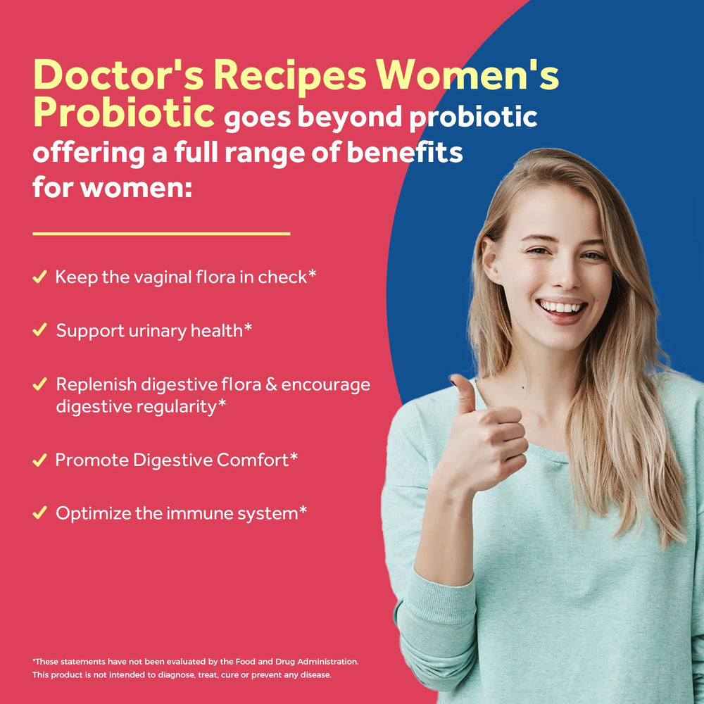 Doctor's Recipes Probiotics for Women label front shows ingredients including prebiotics and cranberry
