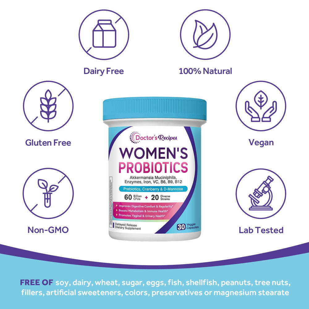 Doctor's Recipes Probiotics shelf-stable packaging image demonstrates travel-friendly design.