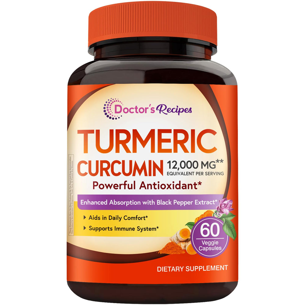 Doctor's Recipes Turmeric bottle label shows high potency formula for daily comfort