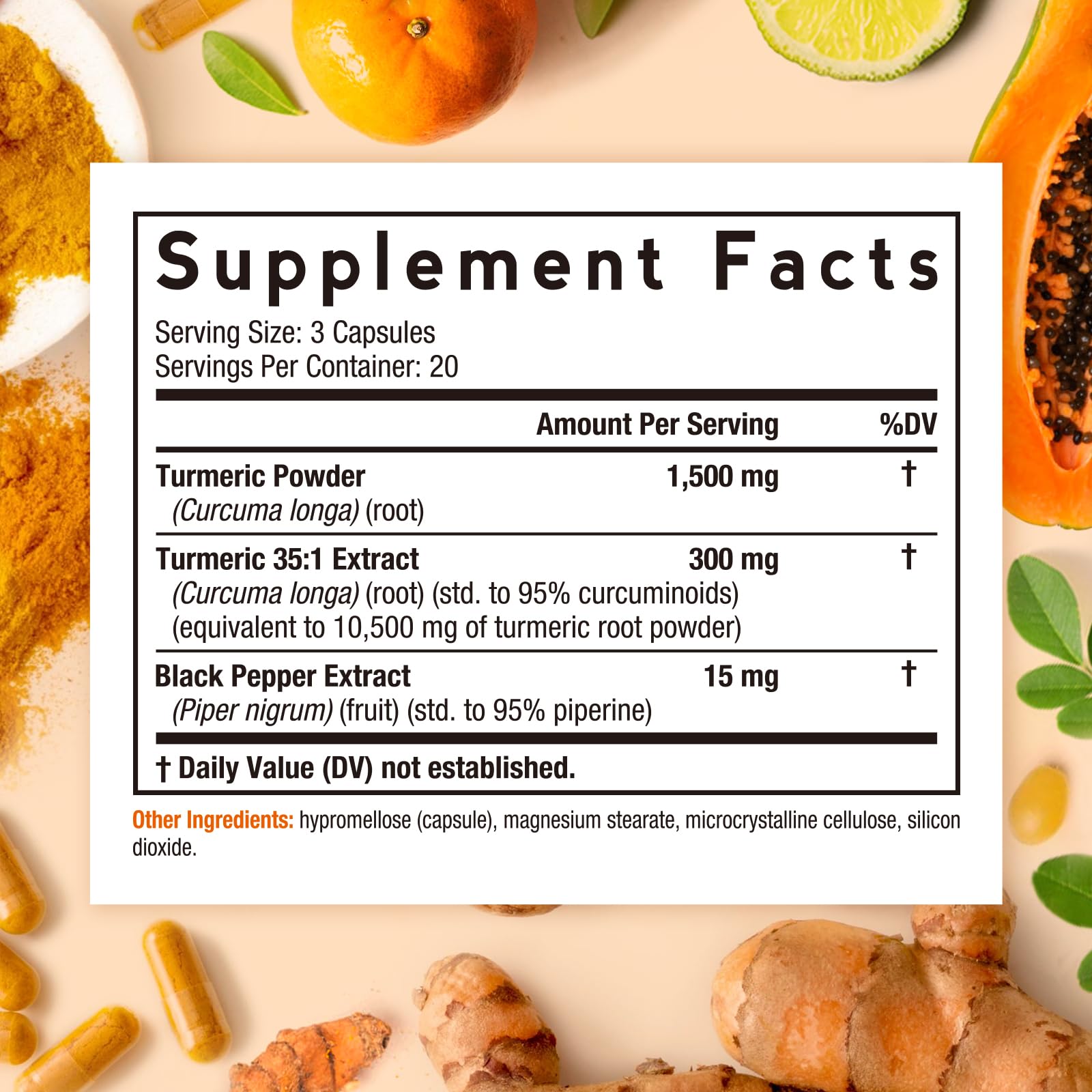 Doctor's Recipes Turmeric capsules closeup highlights 95% curcuminoids