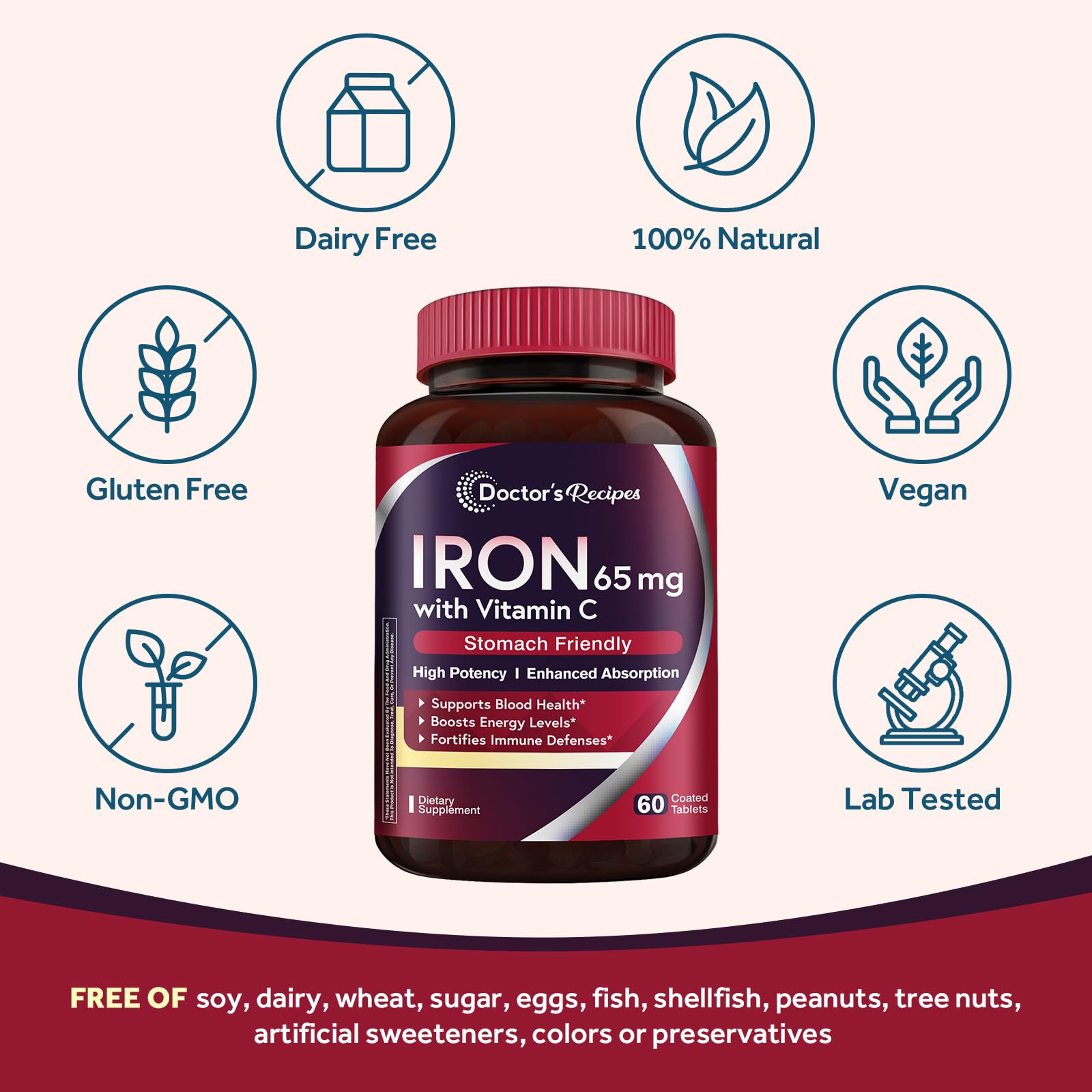 USA-made manufacturing badge on Doctor's Recipes iron packaging.