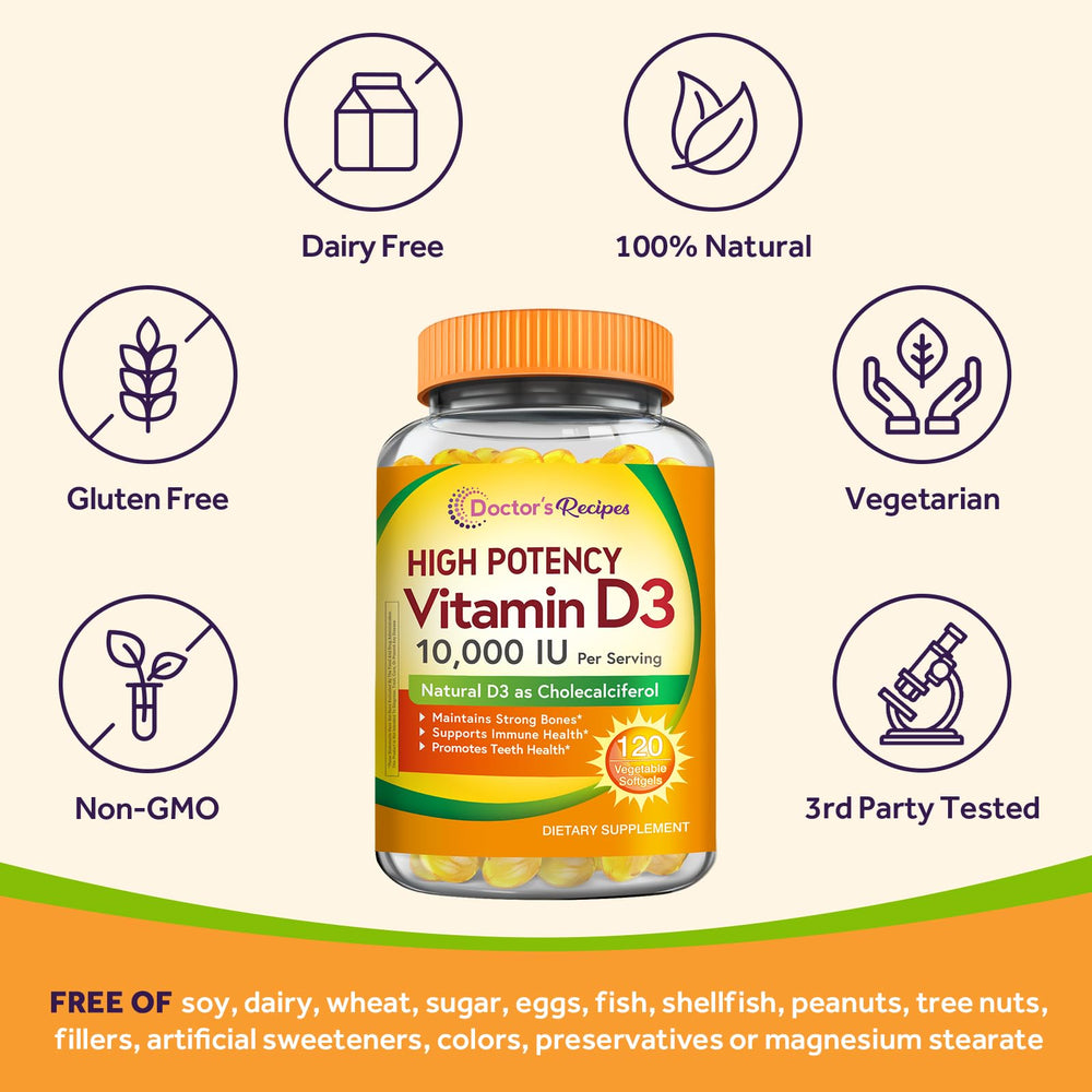 Doctor's Recipes Vitamin D3 bottle pour demonstrates simple two-softgel daily dosing.