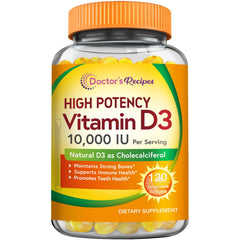 Doctor's Recipes Vitamin D3 bottle with softgels supports bones and immune health.