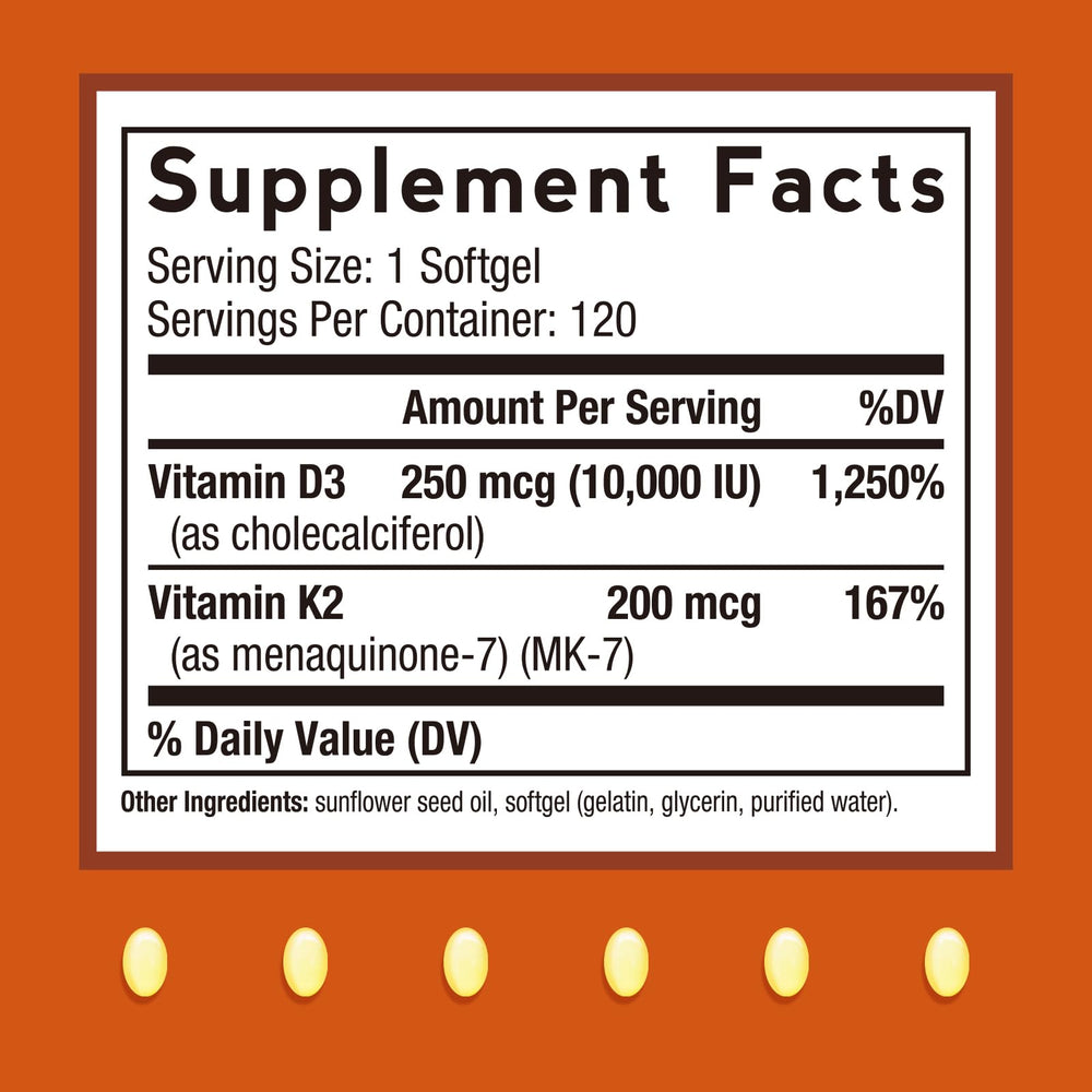 Close-up of Doctor's Recipes D3 K2 softgels for energy