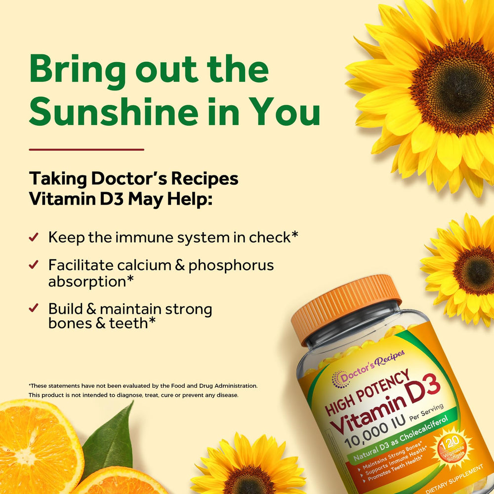 Doctor's Recipes Vitamin D3 label detail shows non-GMO and vegetarian formula.