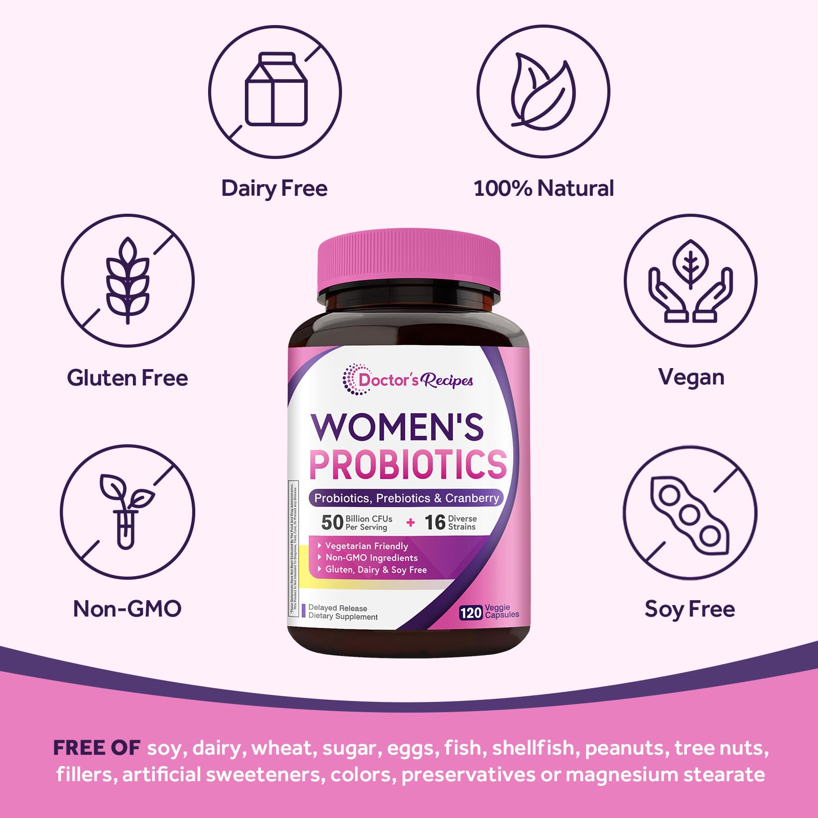 Doctor's Recipes Probiotic label highlights 16 strains and delayed release