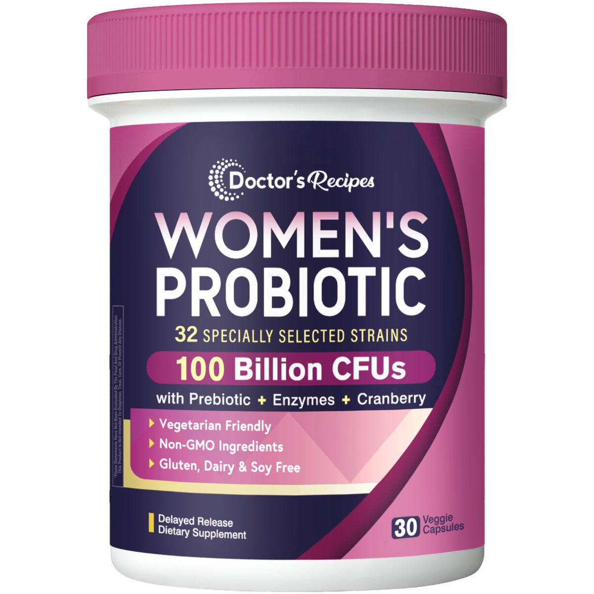 Doctor's Recipes Women's Probiotics bottle front shows 100B CFU across 32 strains.
