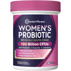 Doctor's Recipes Women's Probiotics bottle front shows 100B CFU across 32 strains.