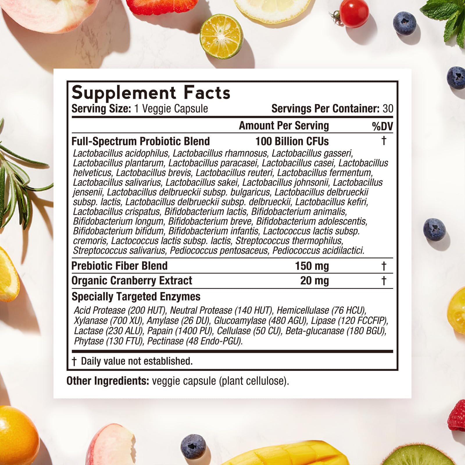Doctor's Recipes Probiotics label close-up highlighting delayed-release capsules.