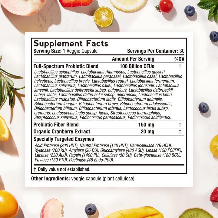 Doctor's Recipes Probiotics label close-up highlighting delayed-release capsules.