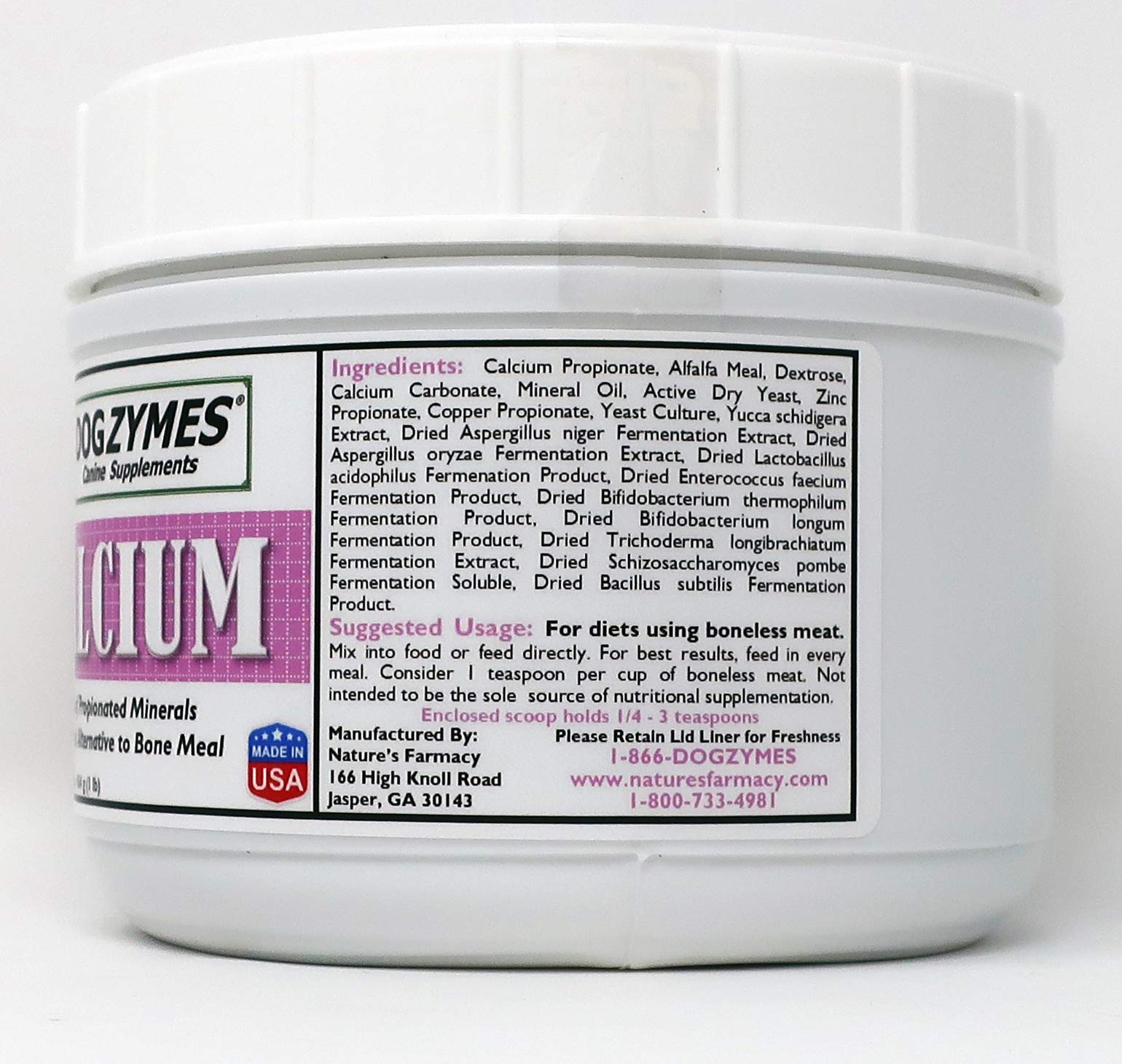 Dogzymes KA Calcium powder—finely milled supplement to mix into dog food.