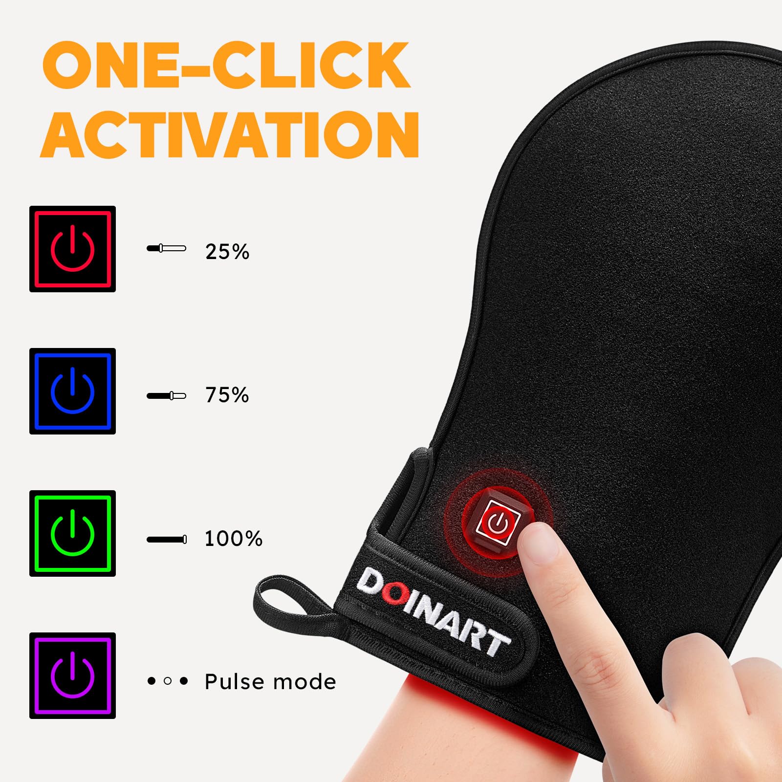 Doinart red light hand glove interface closeup with one button control