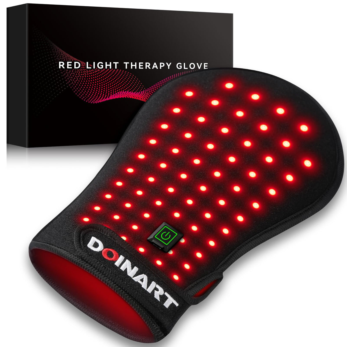 Doinart red light hand glove viewed from top, soothing warmth for daily tasks