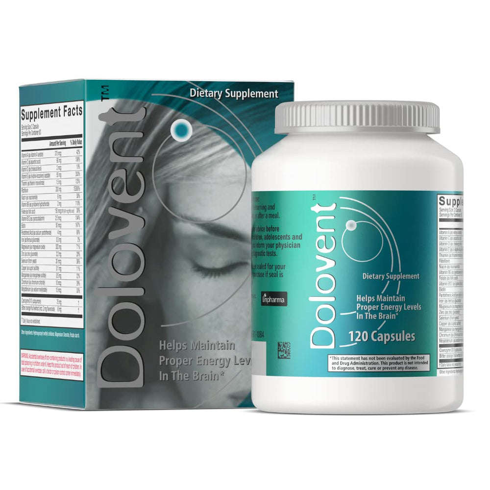 Dolovent migraine relief bottle shown, convenient daily supplement for potentially reducing migraine symptoms.