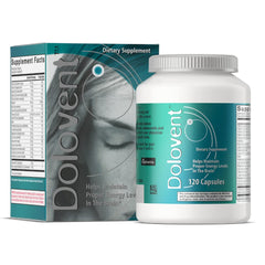 Dolovent migraine relief bottle shown, convenient daily supplement for potentially reducing migraine symptoms.