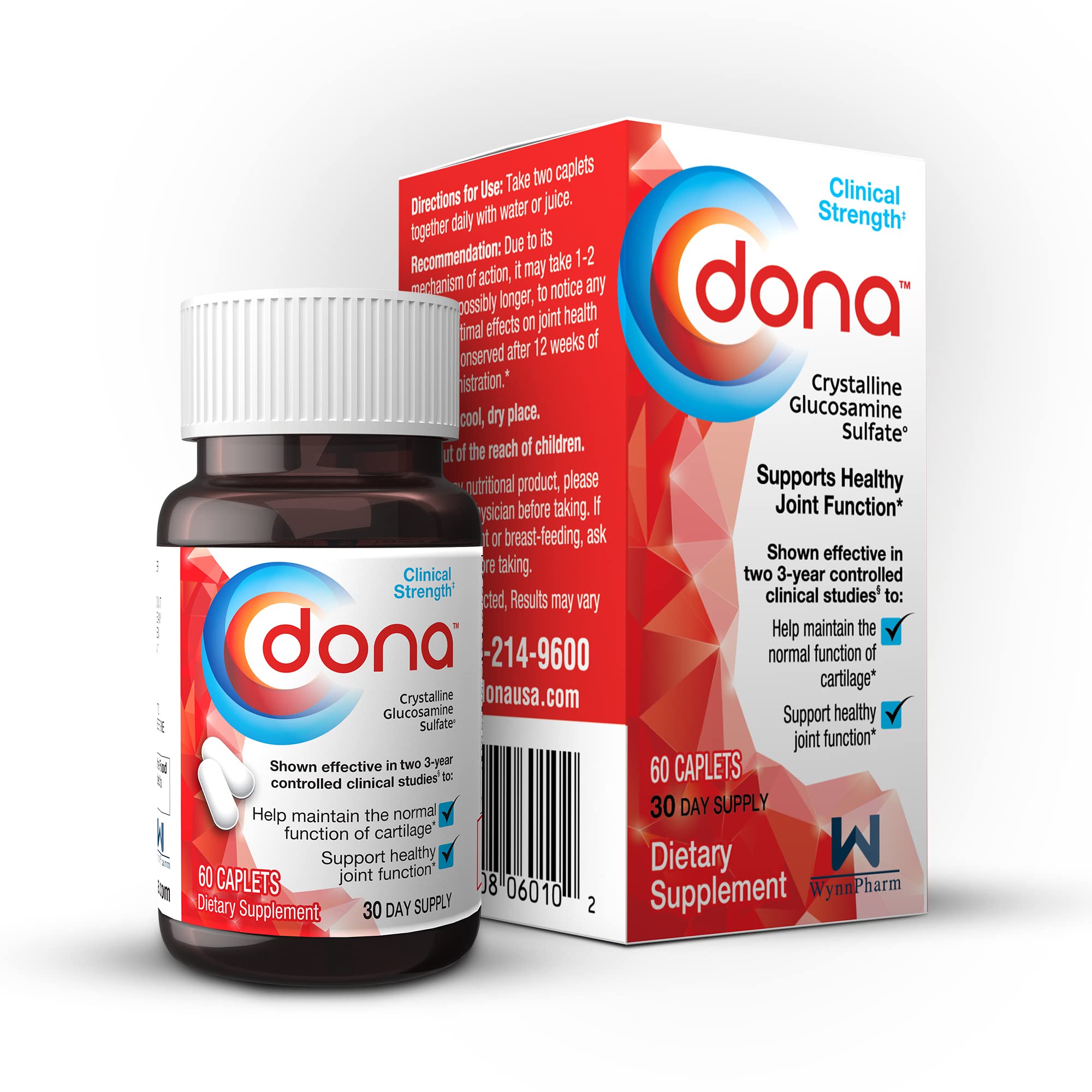 DONA glucosamine caplets close-up showing dosage and texture.