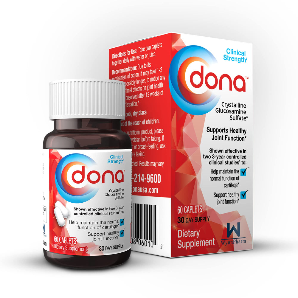 DONA crystalline glucosamine bottle supports joint mobility.