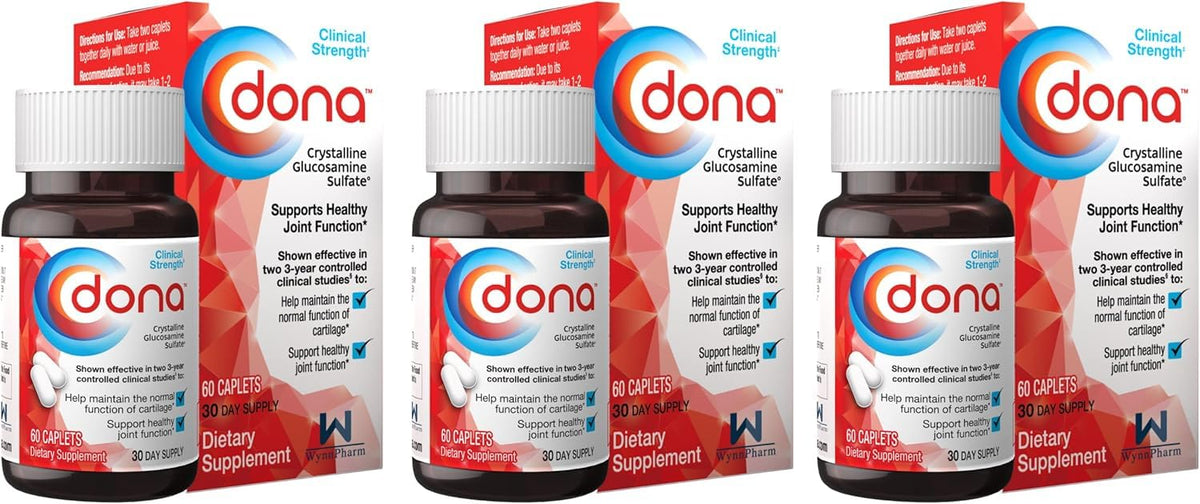 DONA Crystalline Glucosamine Sulfate caplets bottle supports ongoing joint comfort.