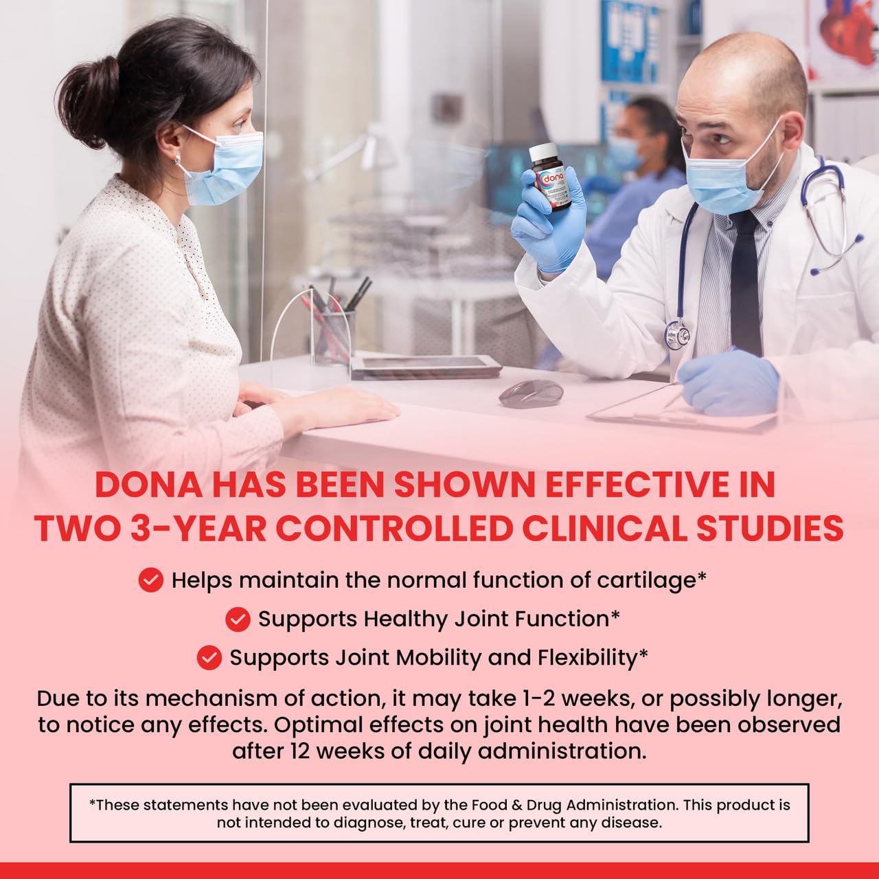 Graphic reminder for Dona dosing; simple daily routine integration.