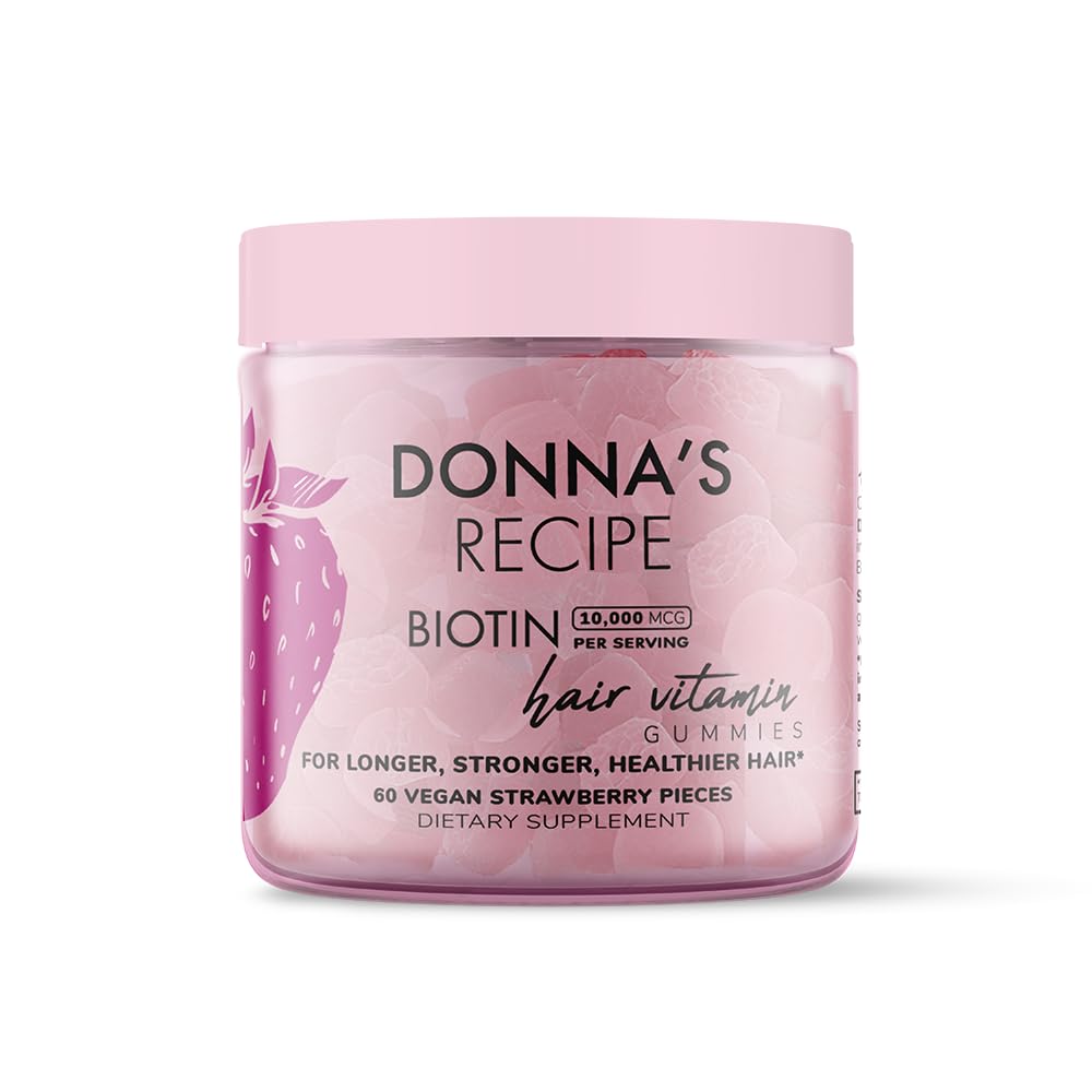 Donna's Recipe by Tabitha Brown bottle of strawberry biotin gummies for daily hair and nails support.
