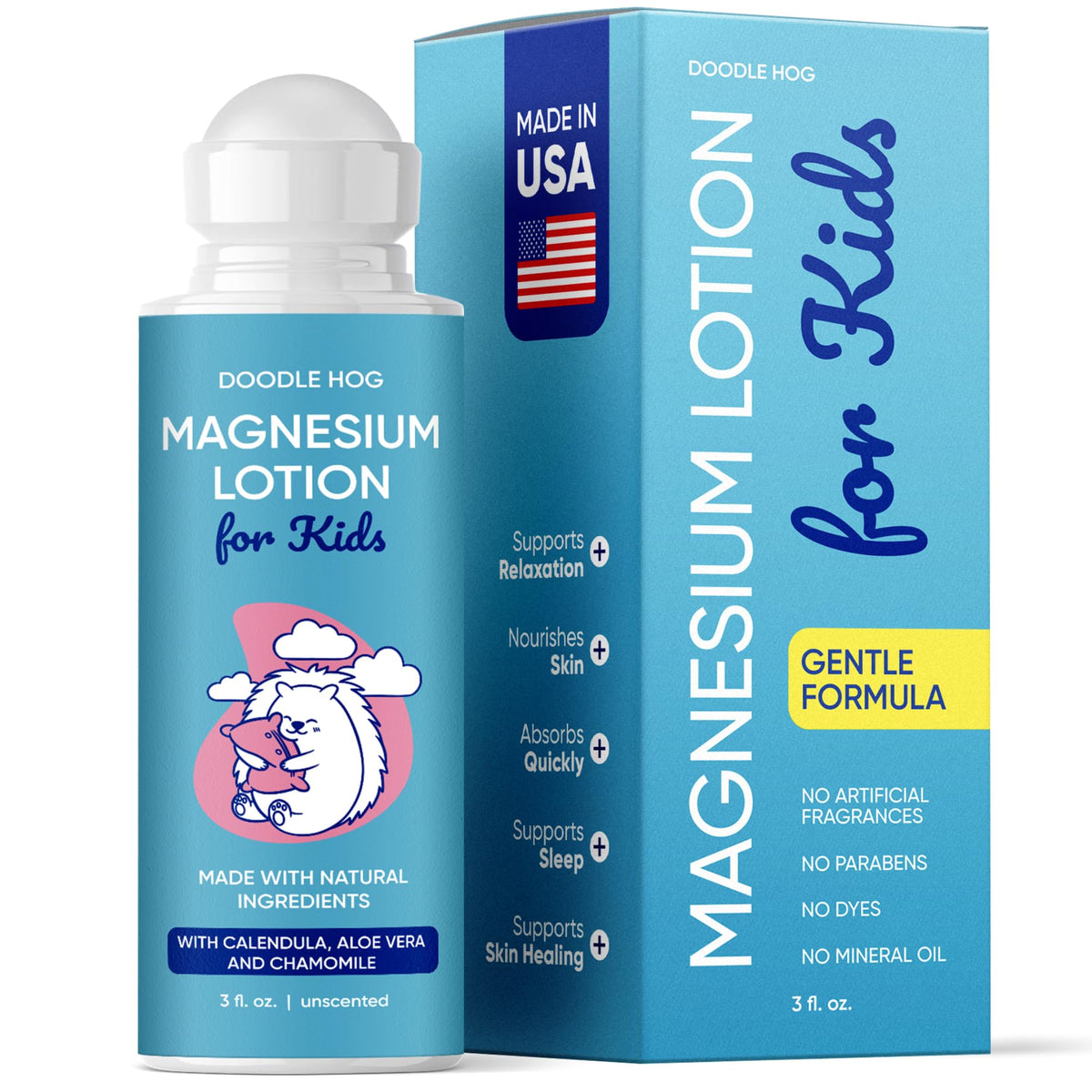 DOODLE HOG magnesium lotion for kids roll-on bottle offering calm bedtime relief.