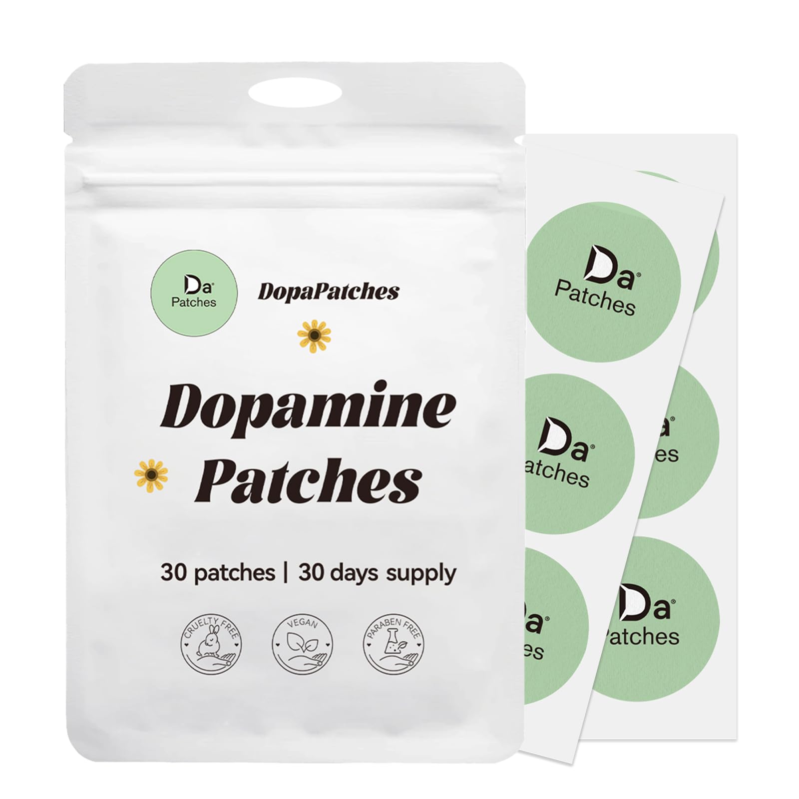 DopaPatches dopamine patch packaging showing 30-day supply for daily mood support