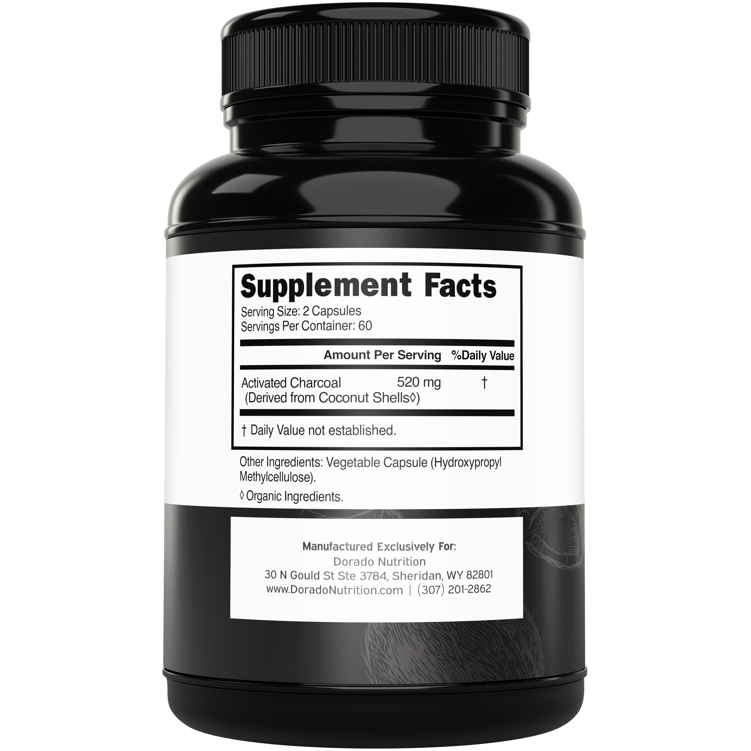 DORADO NUTRITION coconut-derived charcoal pills highlight coconut origin and adsorption benefits.