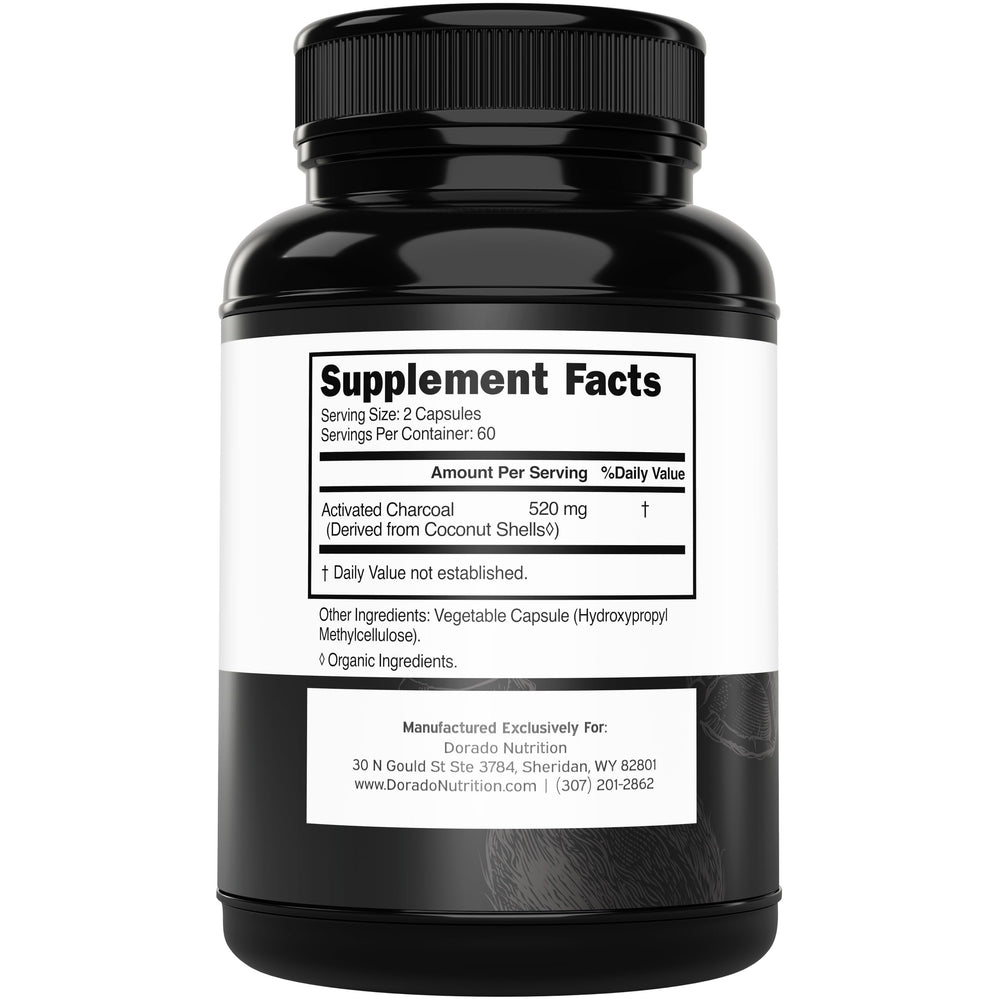 DORADO NUTRITION coconut-derived charcoal pills highlight coconut origin and adsorption benefits.