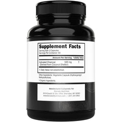 DORADO NUTRITION coconut-derived charcoal pills highlight coconut origin and adsorption benefits.